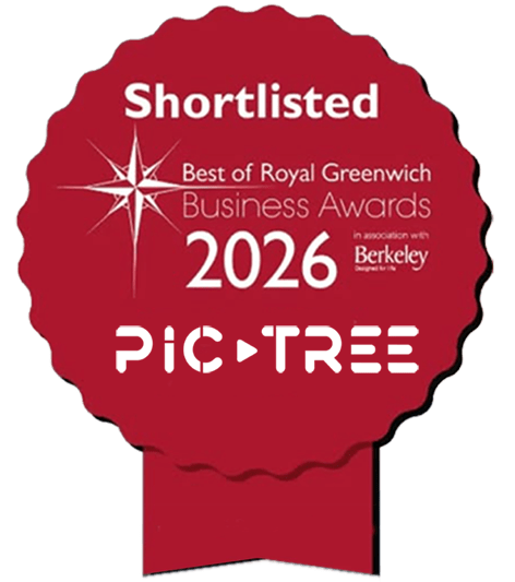 Pic Tree logo next to the 2026 Royal Greenwich Business Awards Finalist badge for Excellence in International Trade.